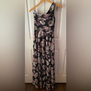 FAME AND PARTNERS Black Floral Romantic Organza One Shoulder Maxi Dress SZ 4